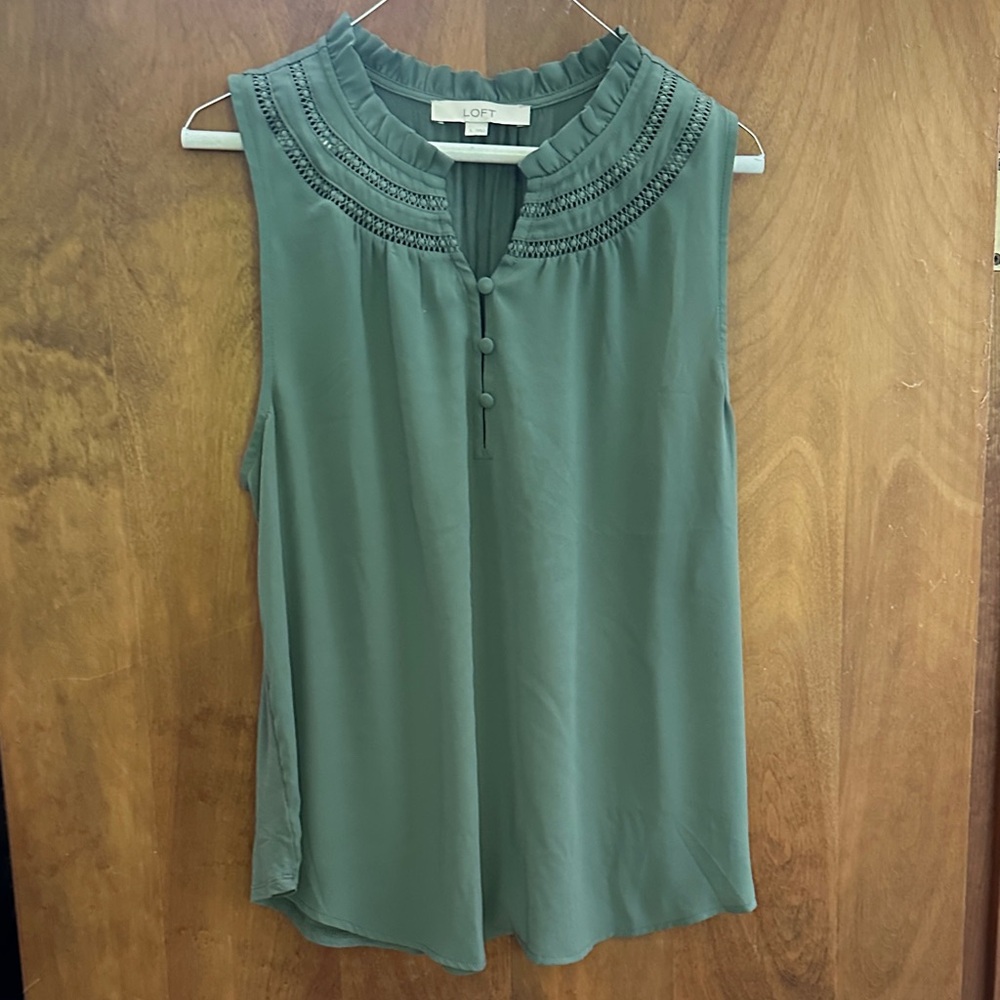 LOFT Olive Green Sleeveless Ruffle-Yoke Shell